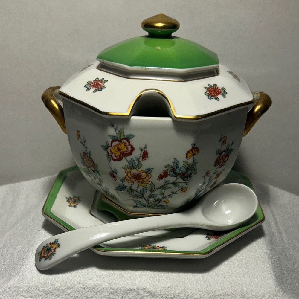 Orientale By Jsc Shafford Japan Floral Lidded Sugar Bowl Flowers Green Accents